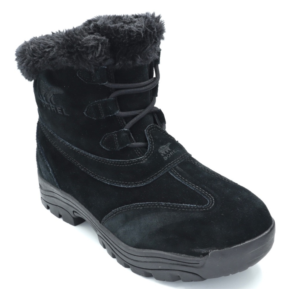 Sorel Boots Waterfall Lace Fux Fur Trim Women’s Size‎ 10 Black Suede Waterproof